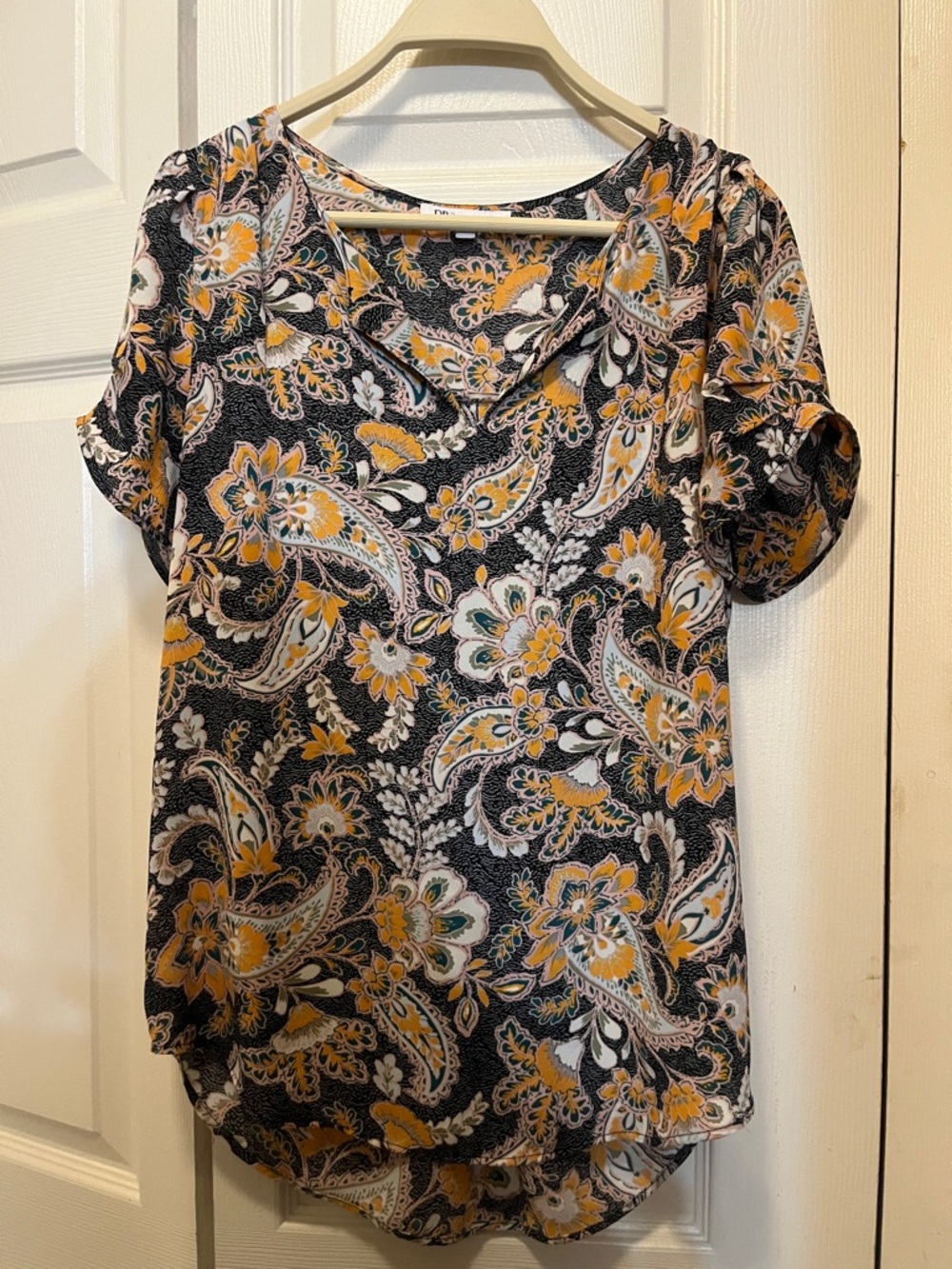 DR2 shades of blue and orange  Paisley Short Sleeve Top with Mustard Accents